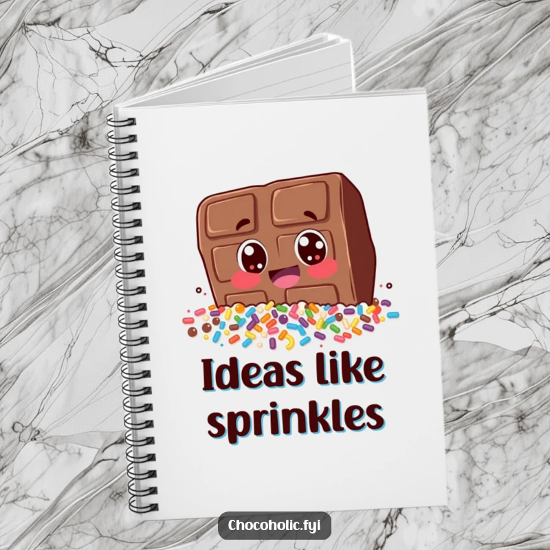 Funny notebook cover with a chocolate bar character diving headfirst into a massive pile of colorful sprinkles. Inspiring and humorous.