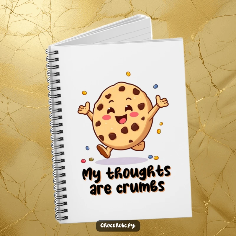 Funny chocolate chip cookie notebook character doing cartwheels with tiny candies, perfect for jotting down notes and creative ideas.