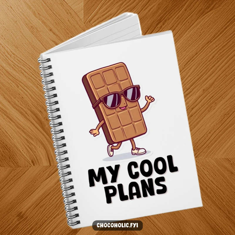 Funny notebook with a cool chocolate bar character in sunglasses doing a confident strut, ideal for stylish note-taking.