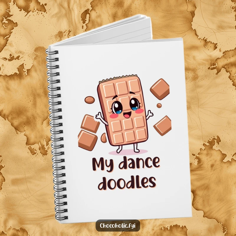 Funny chocolate bar character with wide, delighted eyes doing a silly dance on a notebook, ready for ideas.