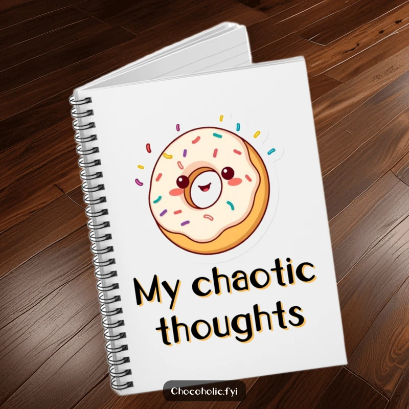 Funny kawaii donut character, spinning with sprinkles flying, on a notebook cover, for capturing sweet thoughts.
