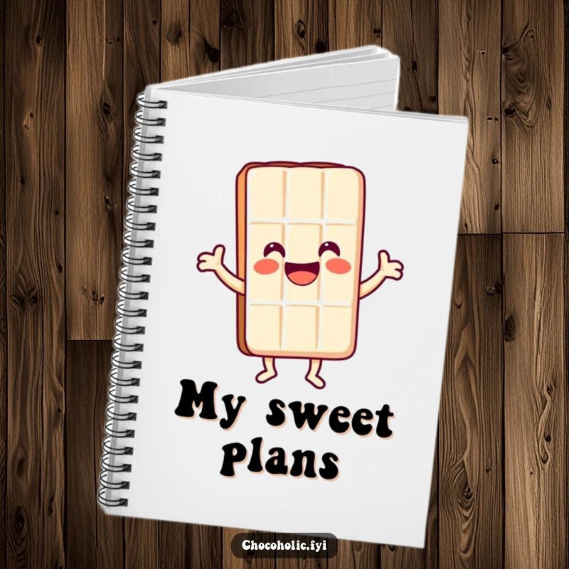 Funny Kawaii chocolate bar character with a huge smile dancing on a notebook, inspiring sweet creativity.