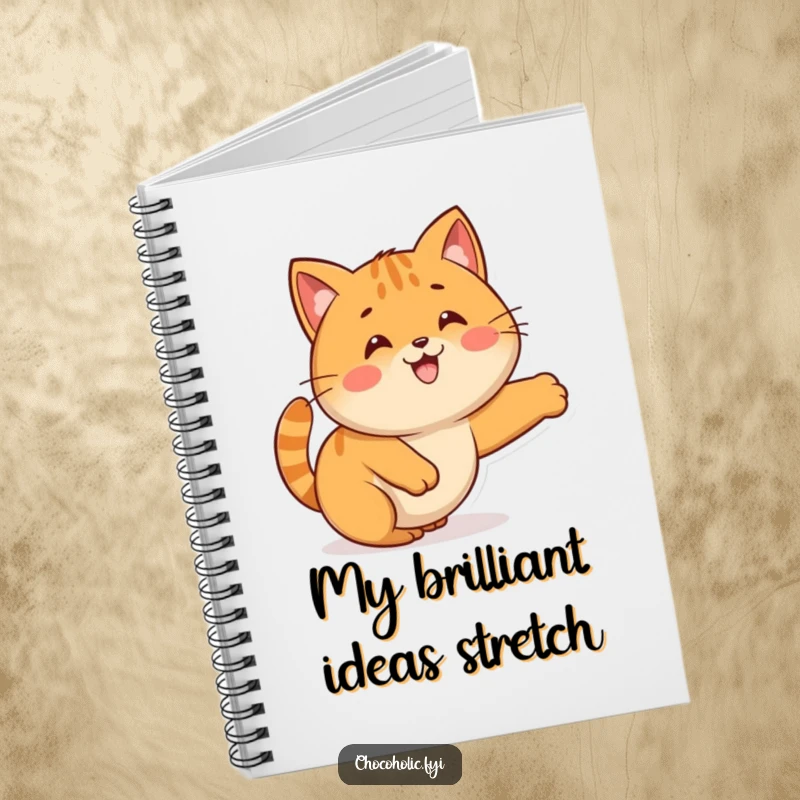 Funny Kawaii caramel character in a cat stretch pose on the cover of a notebook.