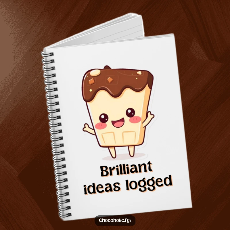 Funny notebook with a kawaii chocolate bar character beaming with pride, ideal for journaling achievements.
