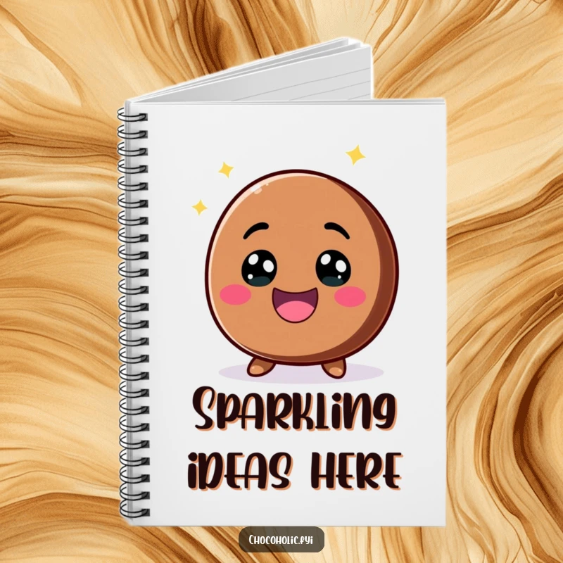 Funny kawaii chocolate chip with a big, excited smile and sparkling eyes on a notebook cover, perfect for capturing bright ideas.