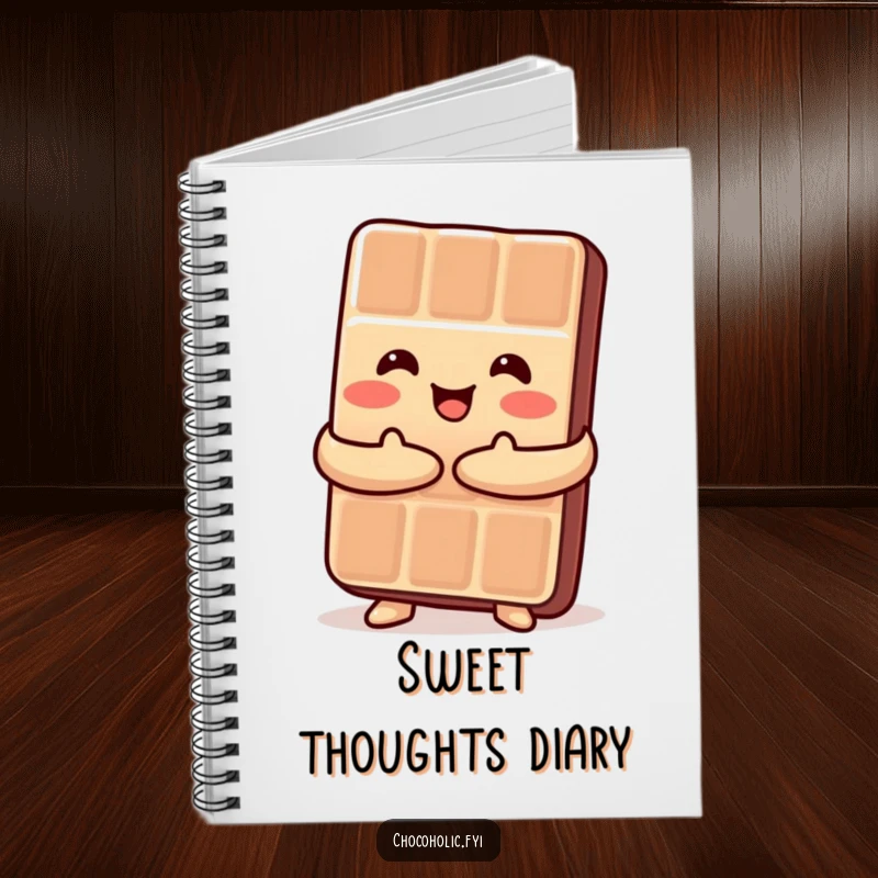 Funny Kawaii chocolate bar embracing itself in a happy hug, a humorous notebook for creative minds.