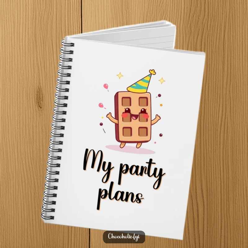 Funny chocolate bar character wearing a party hat, spinning around gleefully on a notebook, ready for ideas.