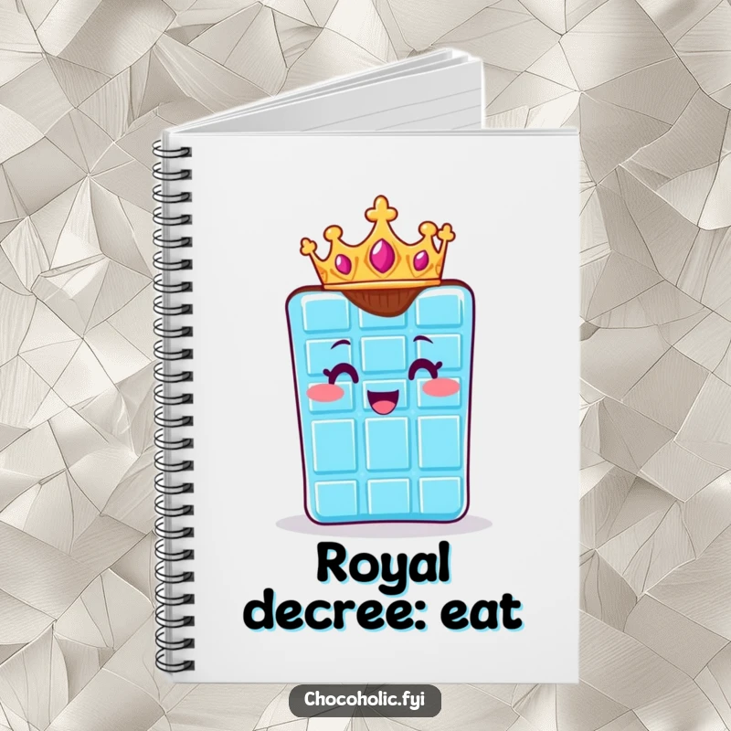Funny notebook cover with a chocolate bar character wearing a small crown, exuding regal delight. Elegant and humorous writing.