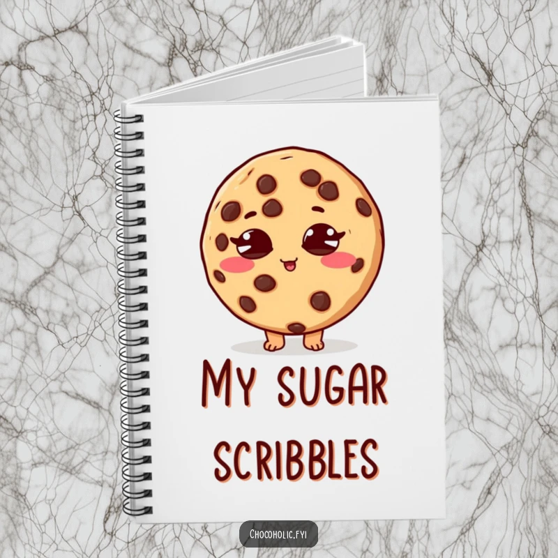 Funny notebook with a chocolate chip cookie character, eyes crossed, in a sugar rush, ideal for notes.