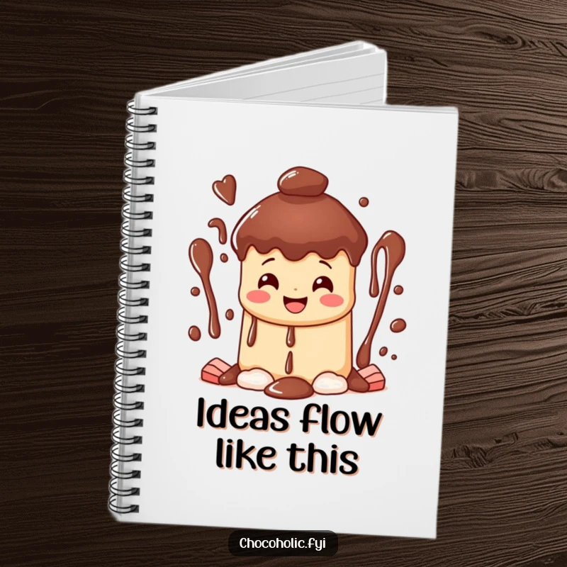 Funny happy chocolate fountain notebook character with a wide grin, cascading streams of sweet bliss, for journaling and note-taking.