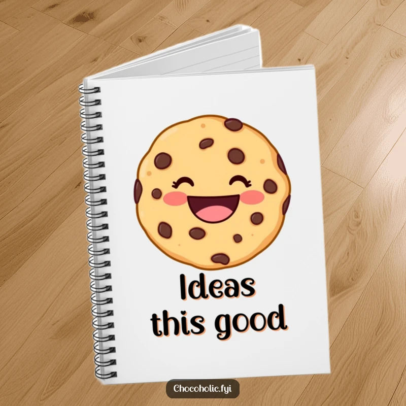 Funny kawaii chocolate chip cookie character with a wide, delighted grin on a notebook cover, perfect for capturing happy ideas.