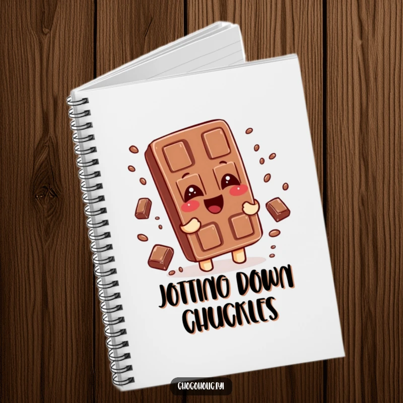 Funny notebook cover with a giggling chocolate bar character and falling chocolate sprinkles, inspiring joyful writing.