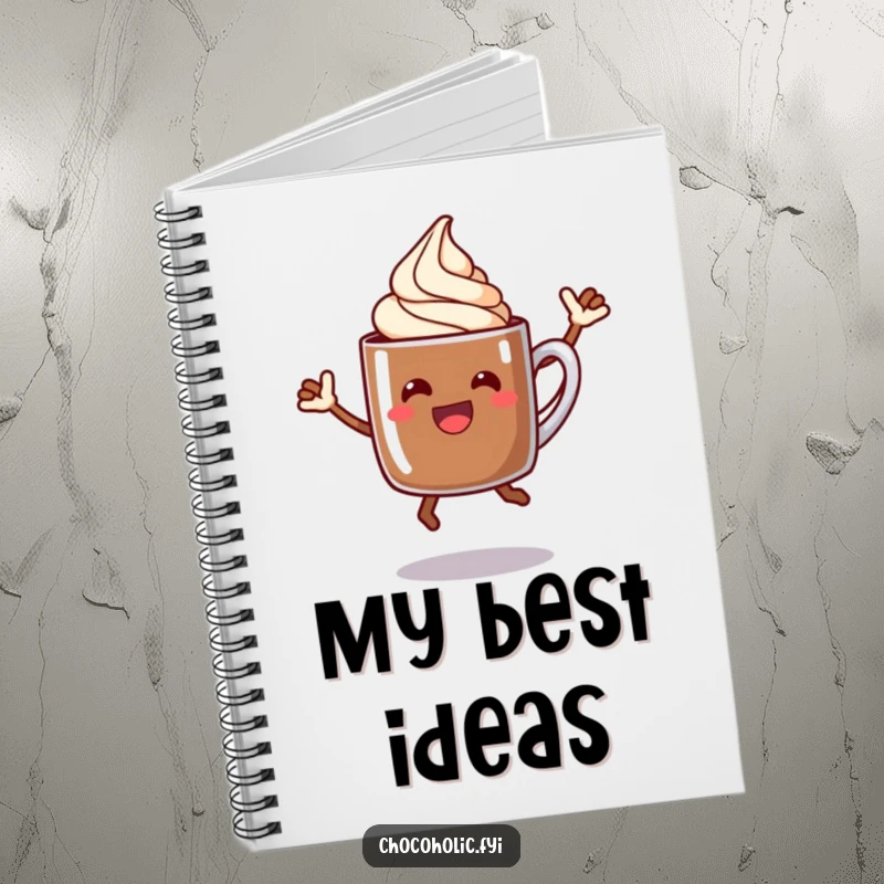 Funny chocolate mug notebook with a jumping character, ideal for notes, plans, and creative ideas.
