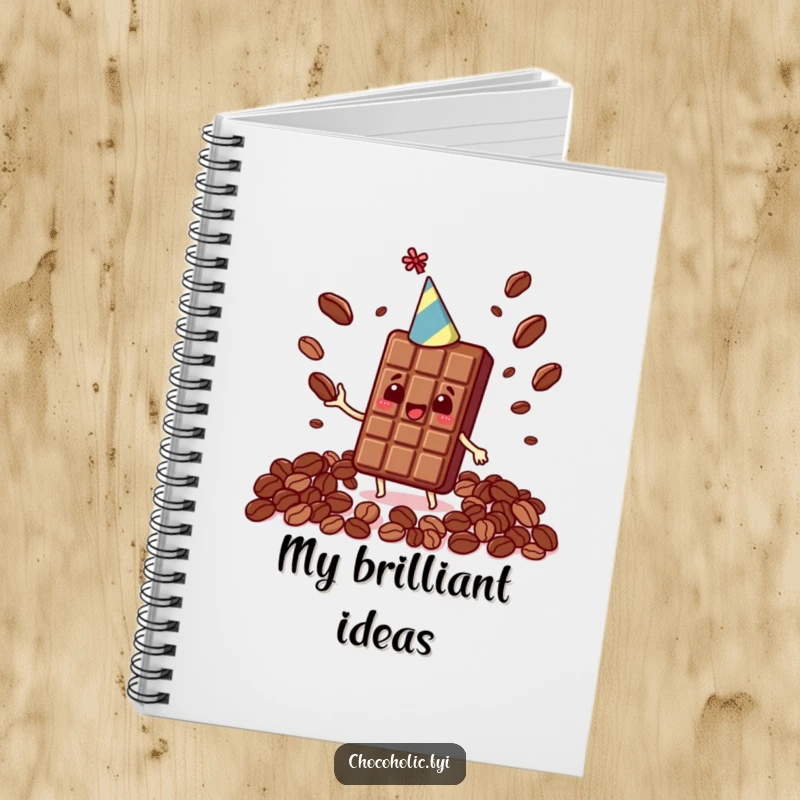 Funny Kawaii chocolate bar with a party hat, juggling cocoa beans, on the cover of a fun notebook.