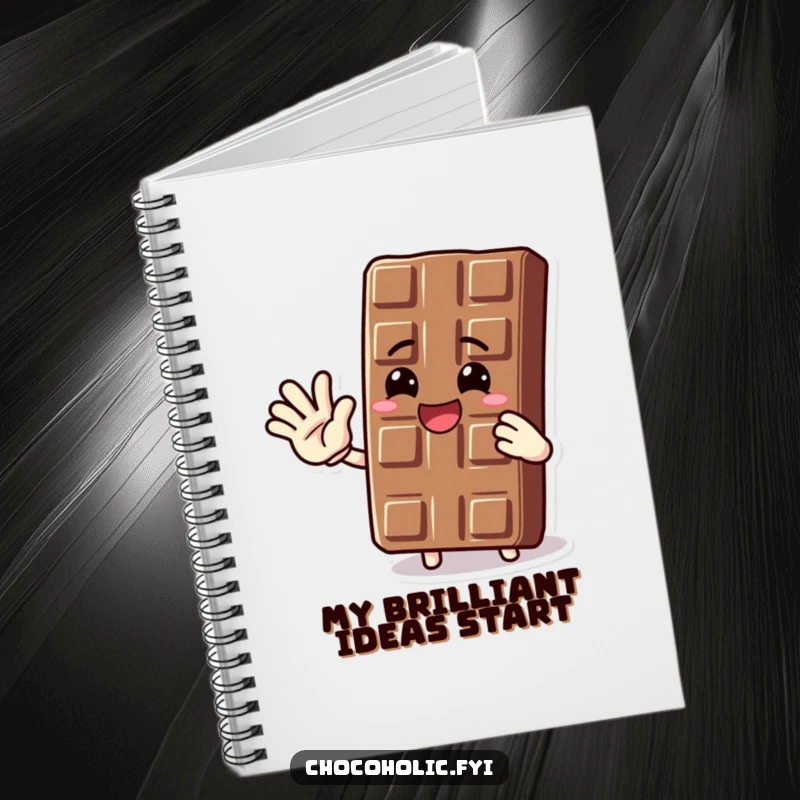 Funny notebook cover with a smiling chocolate bar character waving enthusiastically, encouraging joyful writing.