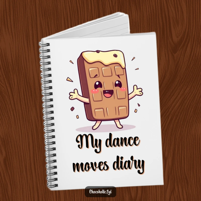 Funny notebook with a kawaii chocolate bar character doing a silly, exaggerated shimmy, ideal for creative note-taking.