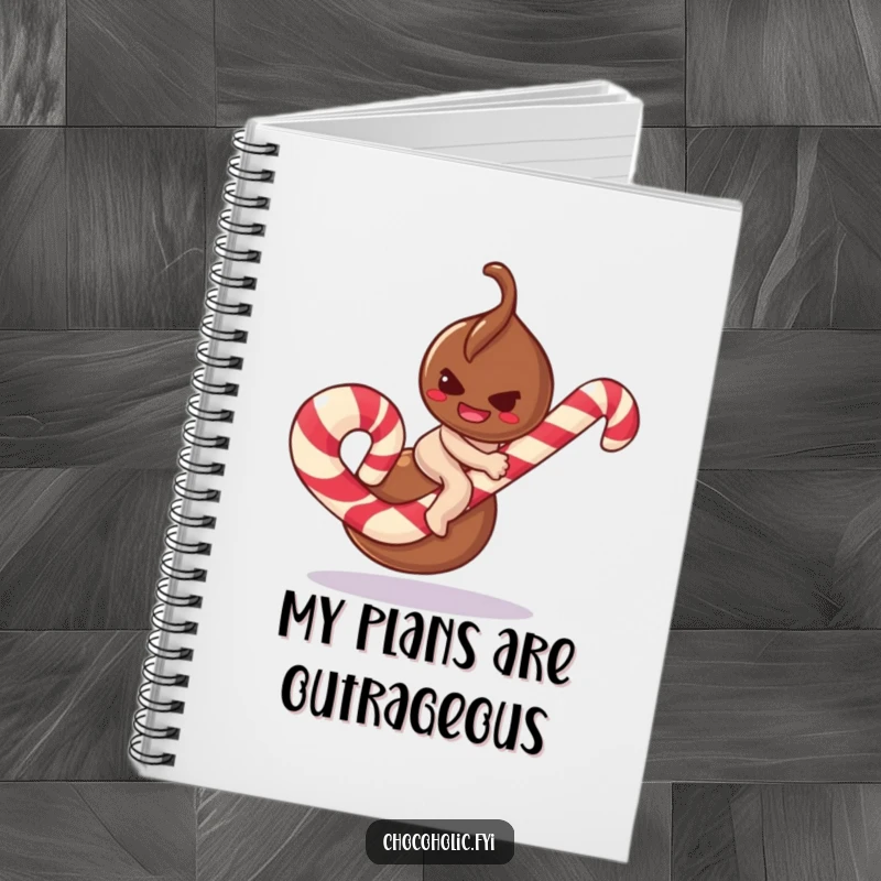Funny chocolate truffle notebook character with a mischievous smirk, attempting to ride a giant candy cane, for creative notes.