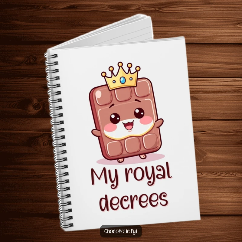 Funny Notebook: A proud kawaii chocolate bar character wears a tiny crown. Perfect for journaling, planning, or sketching with a royal touch.