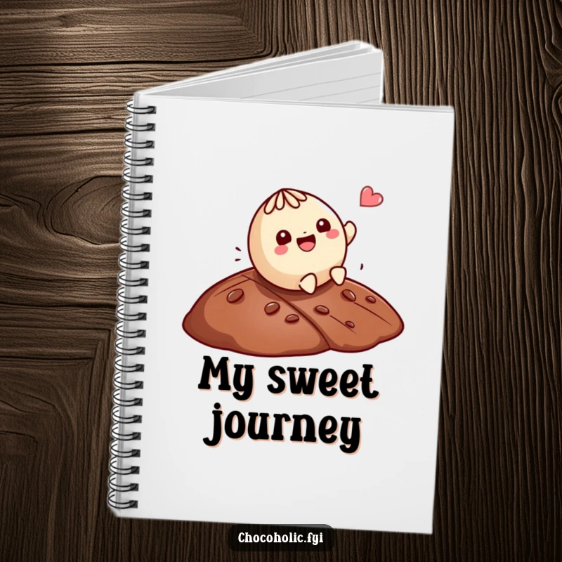 Funny Kawaii truffle character rolling down a chocolate hill on a notebook cover, inspiring sweet notes.