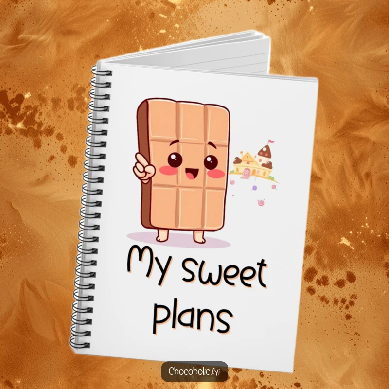Funny Notebook: Kawaii chocolate bar character points towards candy land, ideal for planning sweet adventures and dreams.