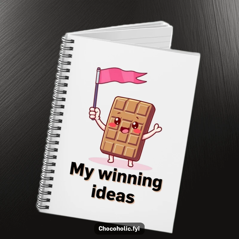 Funny notebook featuring a chocolate bar character enthusiastically waving a tiny foil flag, perfect for jotting down cheerful ideas.