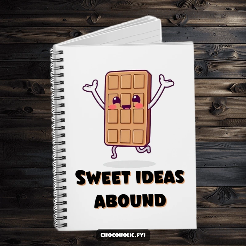 Funny notebook featuring a chocolate bar character doing a happy hop with arms raised, perfect for sweet note-taking.