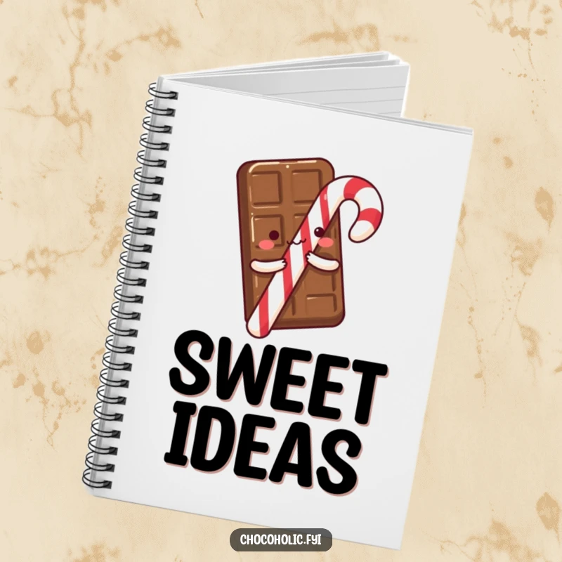 A chocolate bar with tiny arms excitedly hugging a candy cane, featured on a notebook cover for a cheerful and humorous writing experience.