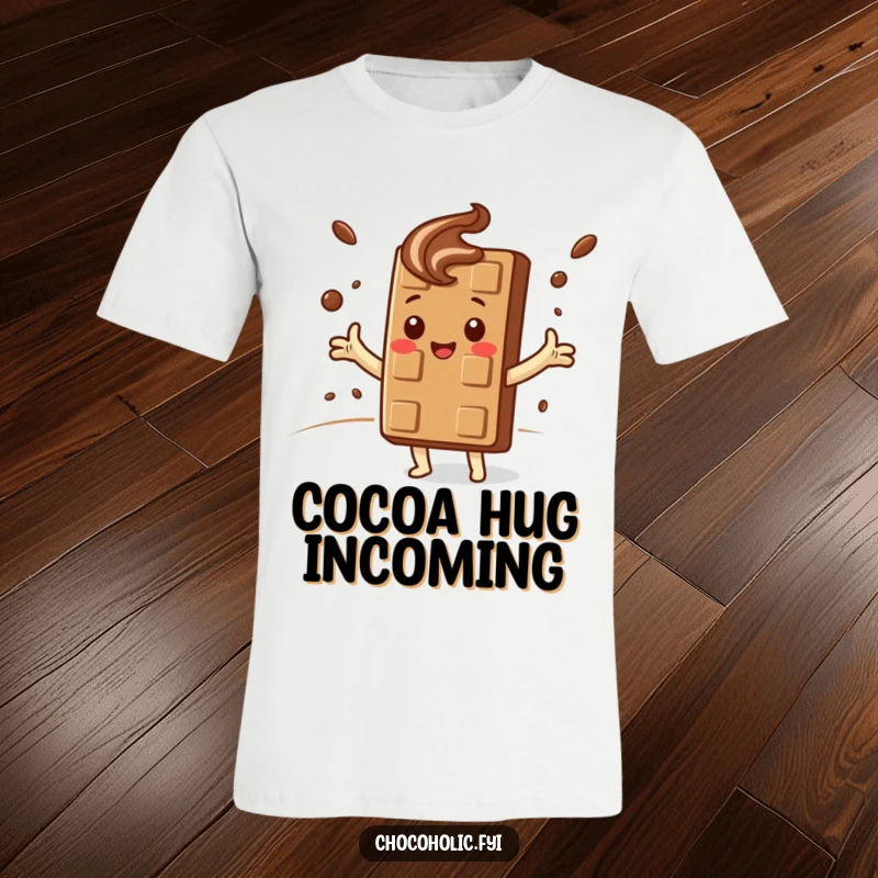 Funny T-Shirt: Cute kawaii chocolate bar character opens arms wide to hug a swirling cloud of cocoa.