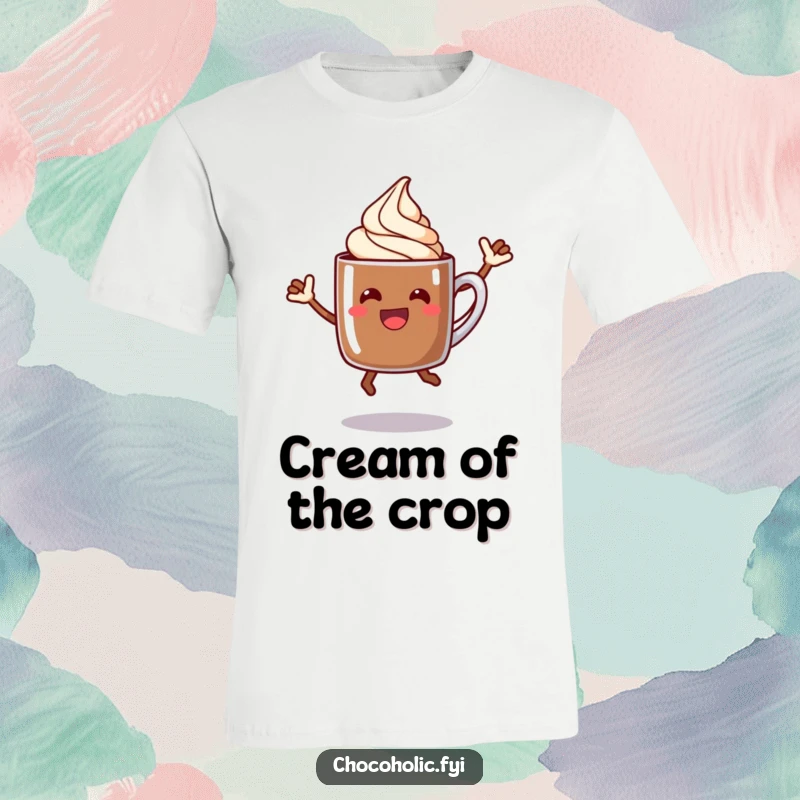 Funny happy chocolate mug character with a cream swirl doing a celebratory jump on a t-shirt.