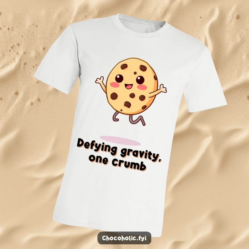 Funny kawaii chocolate chip cookie character with legs kicking, captured mid-leap on a t-shirt, energetic and joyful.