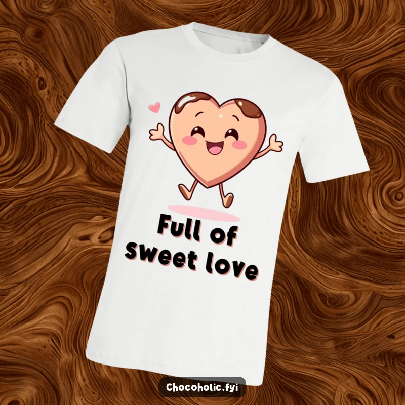 Funny t-shirt with a chocolate heart character energetically bouncing with glee, symbolizing happiness and love.