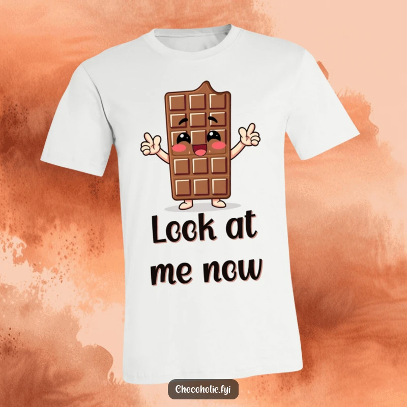 Funny t-shirt featuring a chocolate bar character striking a proud and enthusiastic pose, exuding confidence and sweet charisma.