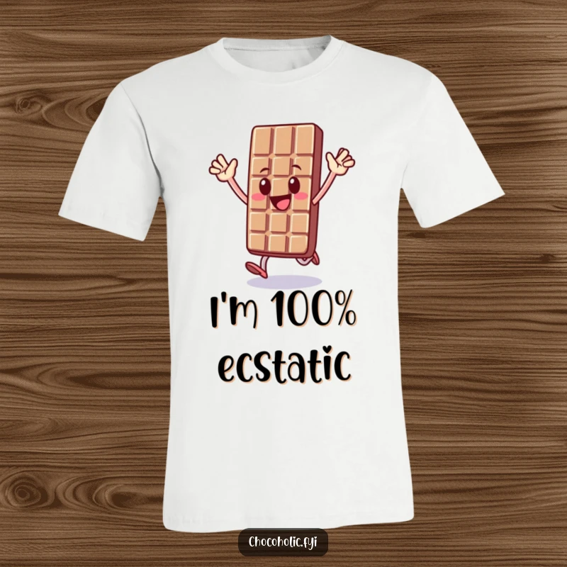 Funny t-shirt featuring a chocolate bar character joyfully hopping with arms in the air, celebrating sweet moments with boundless energy.