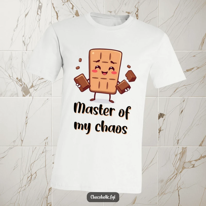 Funny t-shirt showcasing a smiling chocolate bar character skillfully juggling three small chocolates, a symbol of impressive coordination and sweet control.