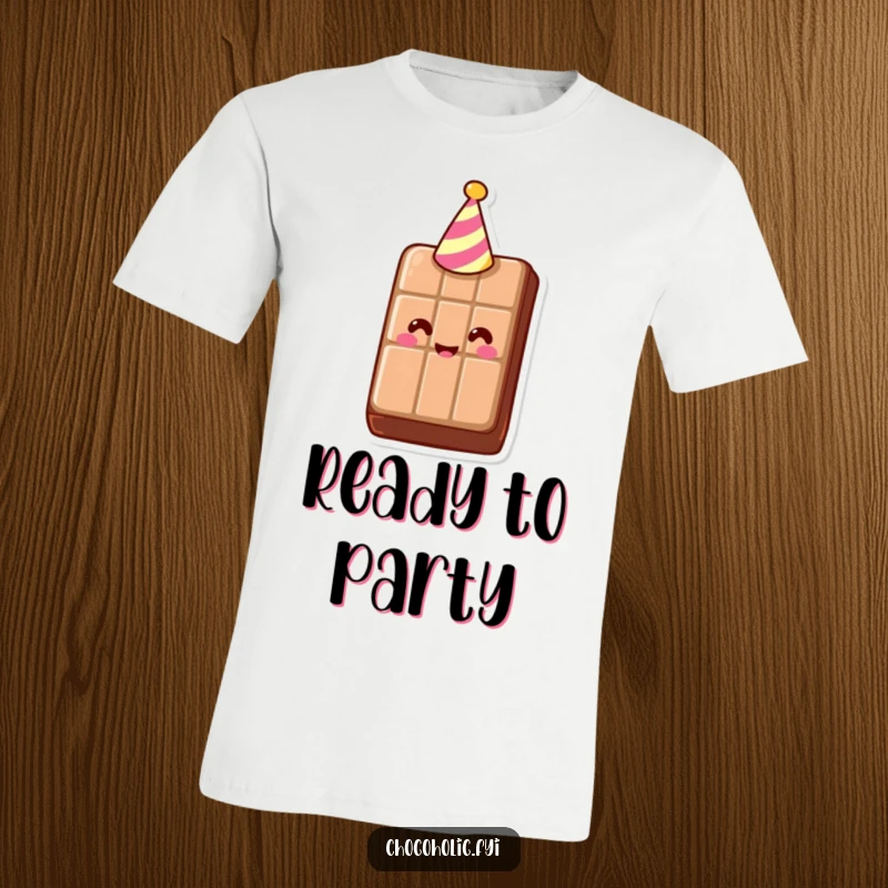 Funny T-Shirt showcasing a smiling chocolate bar sporting a small party hat, exuding pure joy. A sweet and festive wearable.