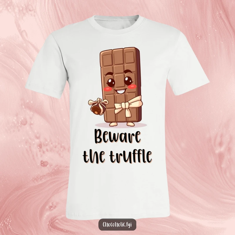 Funny t-shirt with a chocolate bar mascot grinning mischievously while offering a tiny, perfectly wrapped truffle, ideal for chocolate enthusiasts.