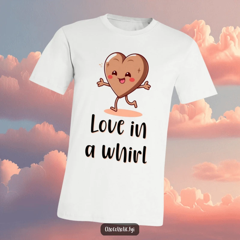 Funny t-shirt showcasing a giddy chocolate heart character in a playful spin, radiating happiness and sweet love.