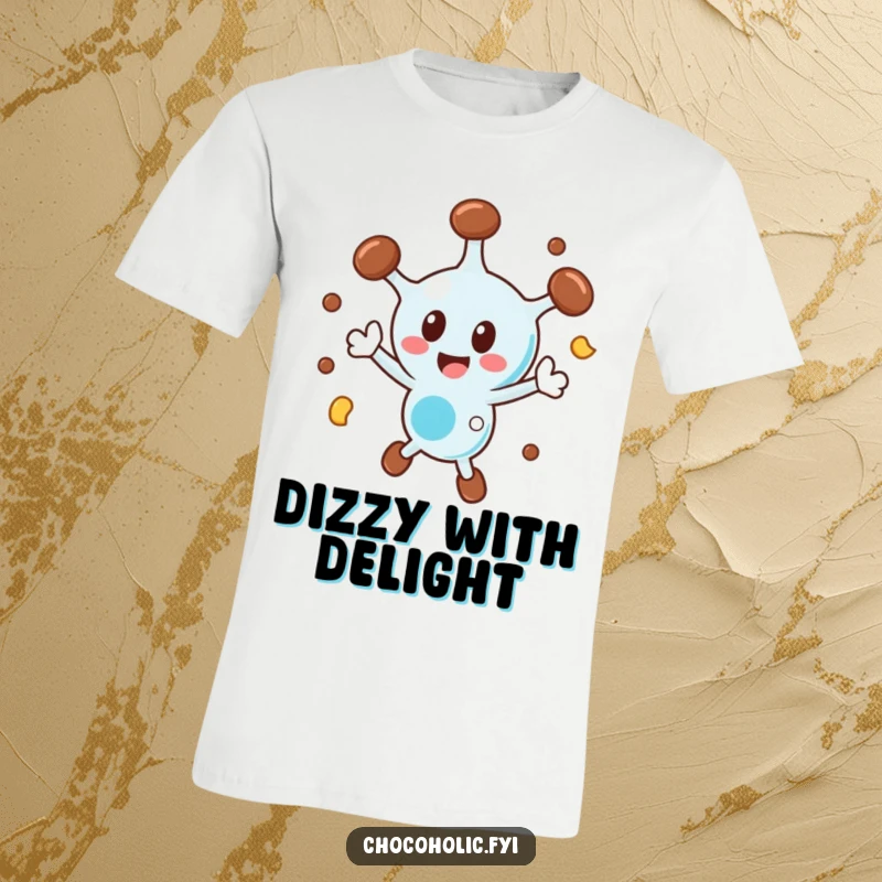 Funny chocolate molecule t-shirt featuring a character spinning ecstatically, symbolizing pure joy and energy.