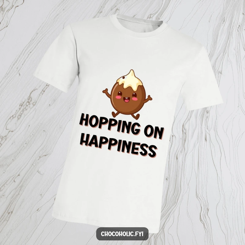 Funny chocolate truffle t-shirt featuring a character doing a little happy hop, embodying sweet joy and energy.