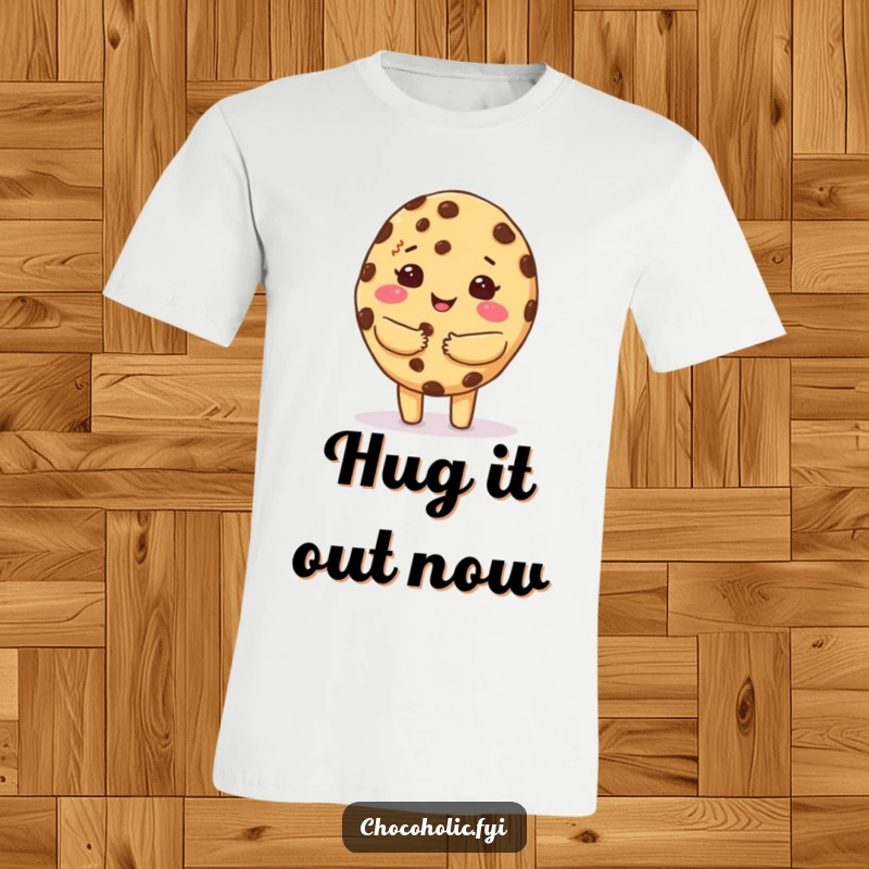 Funny t-shirt with a kawaii chocolate chip cookie character offering a warm, fuzzy, and endearing hug.