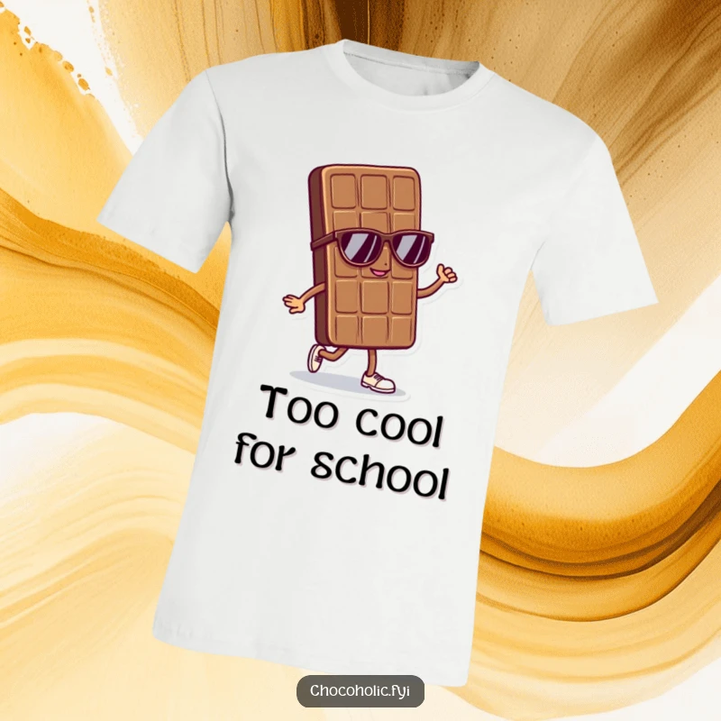 Funny t-shirt of a cool chocolate bar character in sunglasses strutting confidently with a smooth, assured demeanor.