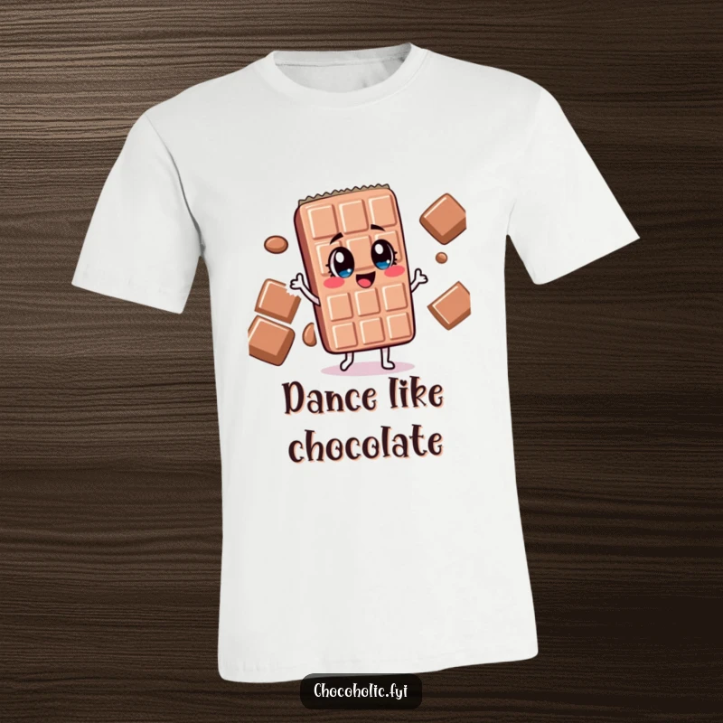 Funny chocolate bar character with wide, delighted eyes doing a silly dance on a t-shirt, expressing pure glee.