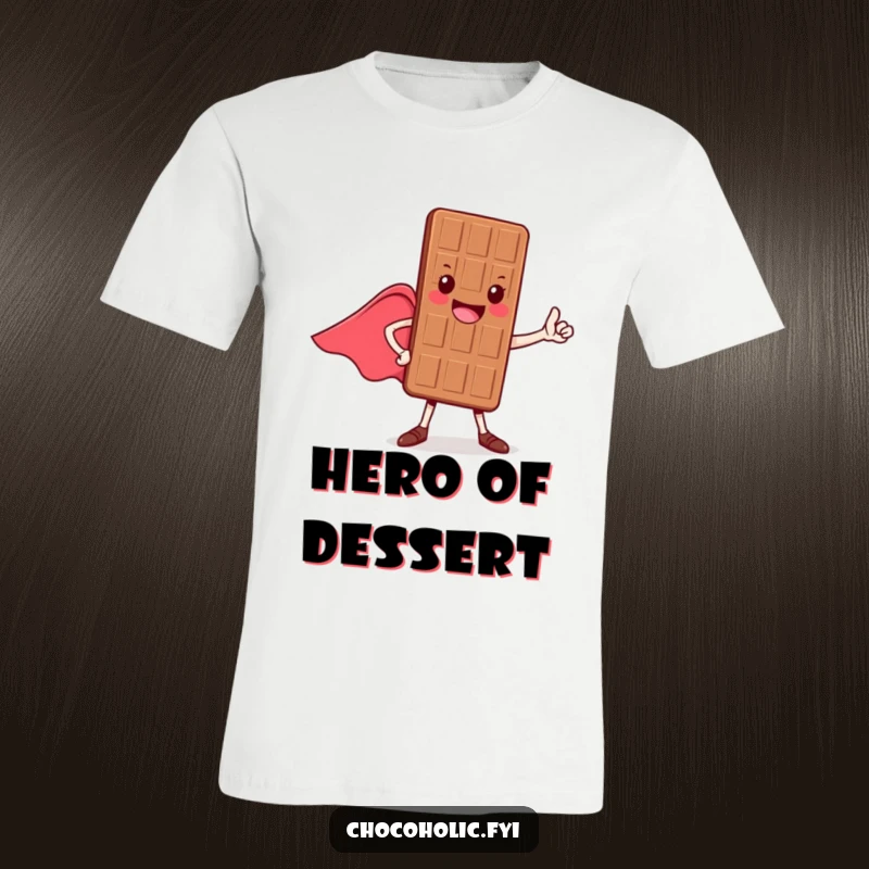 Funny t-shirt with a cheerful chocolate bar character in a heroic pose, cape flowing, radiating bravery and joy.