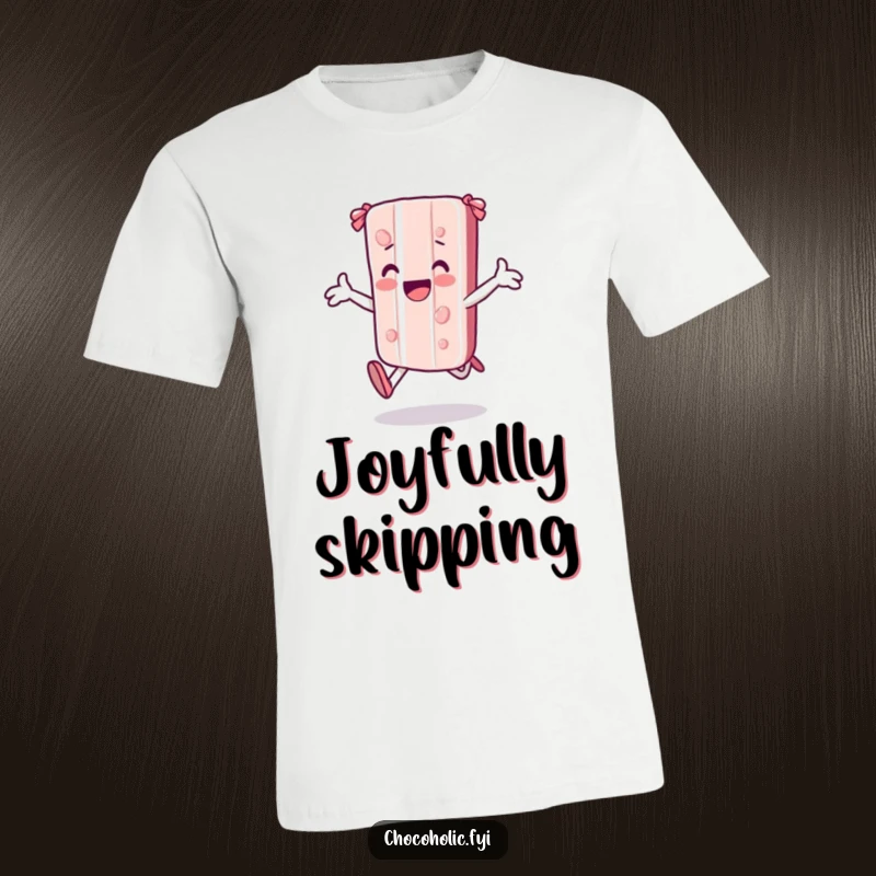 Funny kawaii candy bar character skipping joyfully with arms outstretched on a t-shirt, expressing boundless energy and happiness.