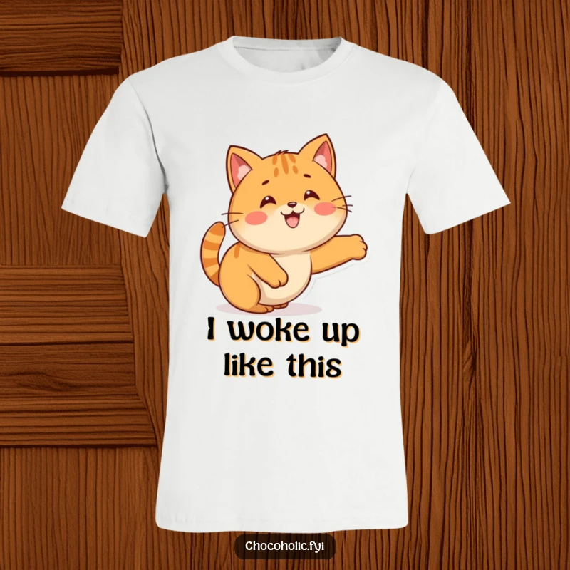 Funny Kawaii caramel character in a delightful cat-like stretch pose, printed on a comfortable t-shirt.