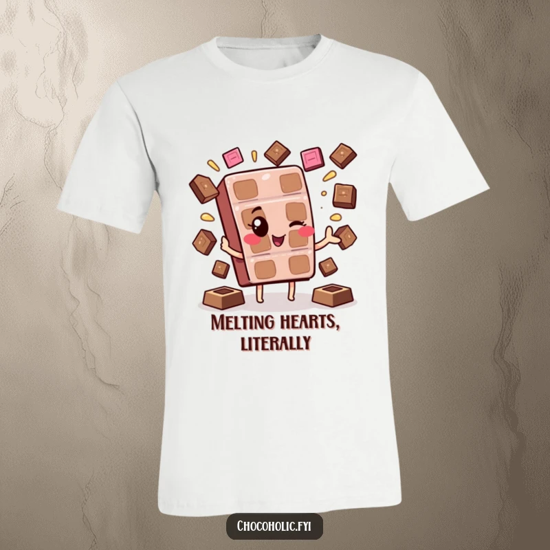Funny Kawaii Chocolate Wink T-Shirt: A cute chocolate bar character winking and juggling melting squares, full of sweet mischief.