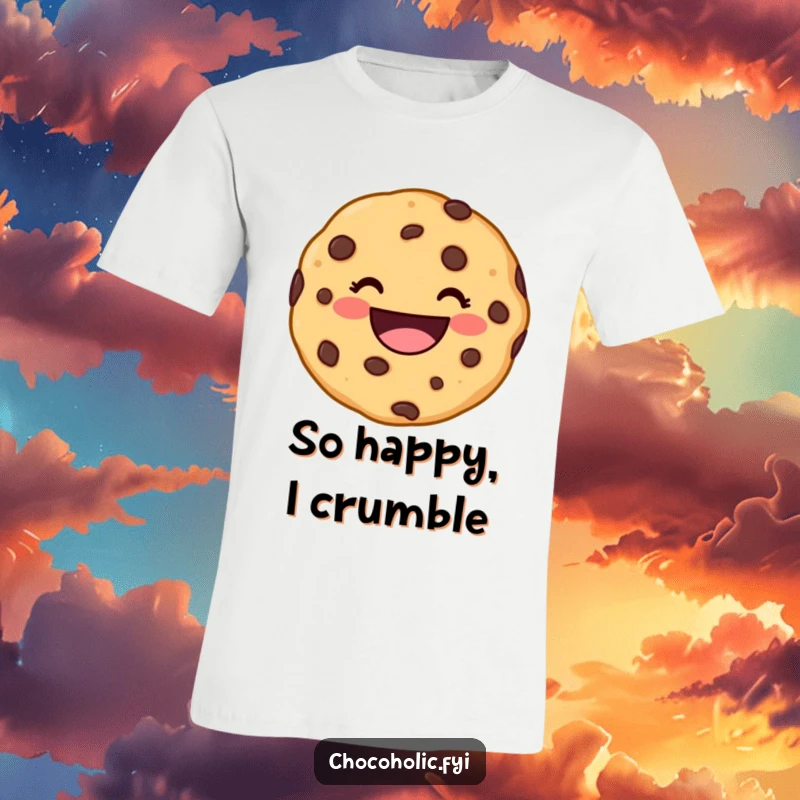 Funny kawaii chocolate chip cookie character with a wide, delighted grin on a t-shirt, expressing infectious happiness.