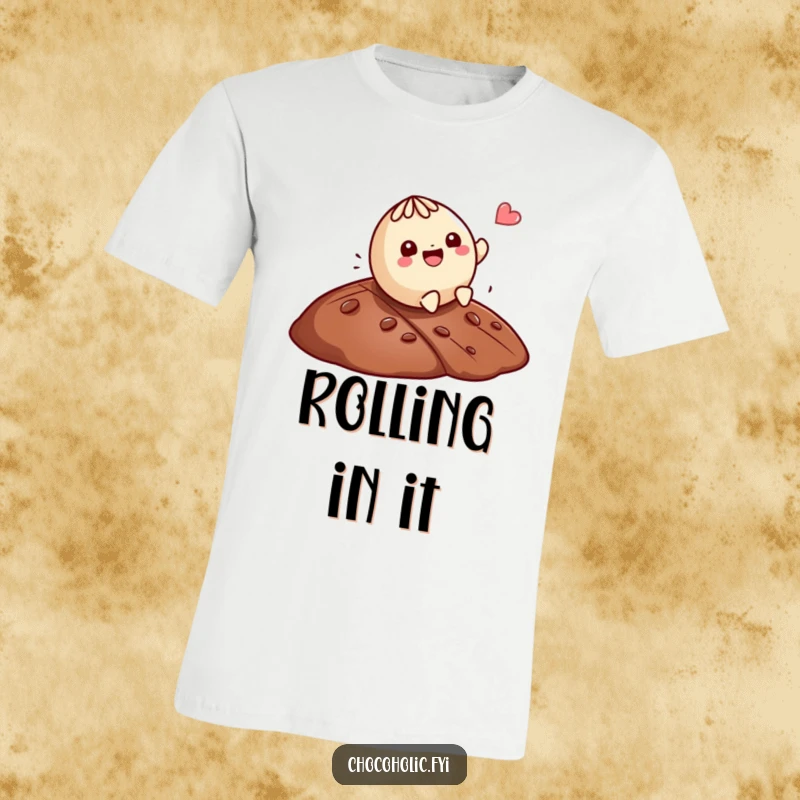 Funny Kawaii truffle character rolling joyfully down a chocolate hill, a sweet and humorous t-shirt.