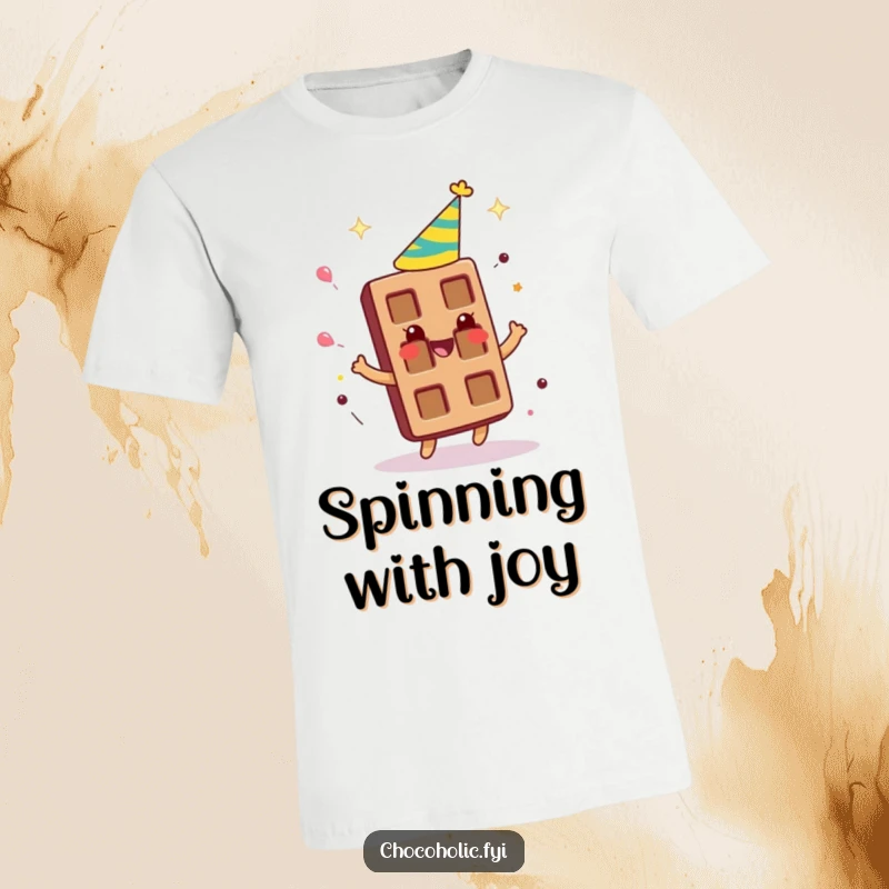 Funny chocolate bar character wearing a party hat, spinning around gleefully on a t-shirt, embodying celebration.
