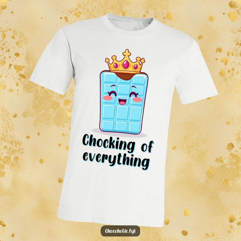 Funny t-shirt featuring a chocolate bar character adorned with a tiny crown, exuding regal happiness. Sweetly majestic.